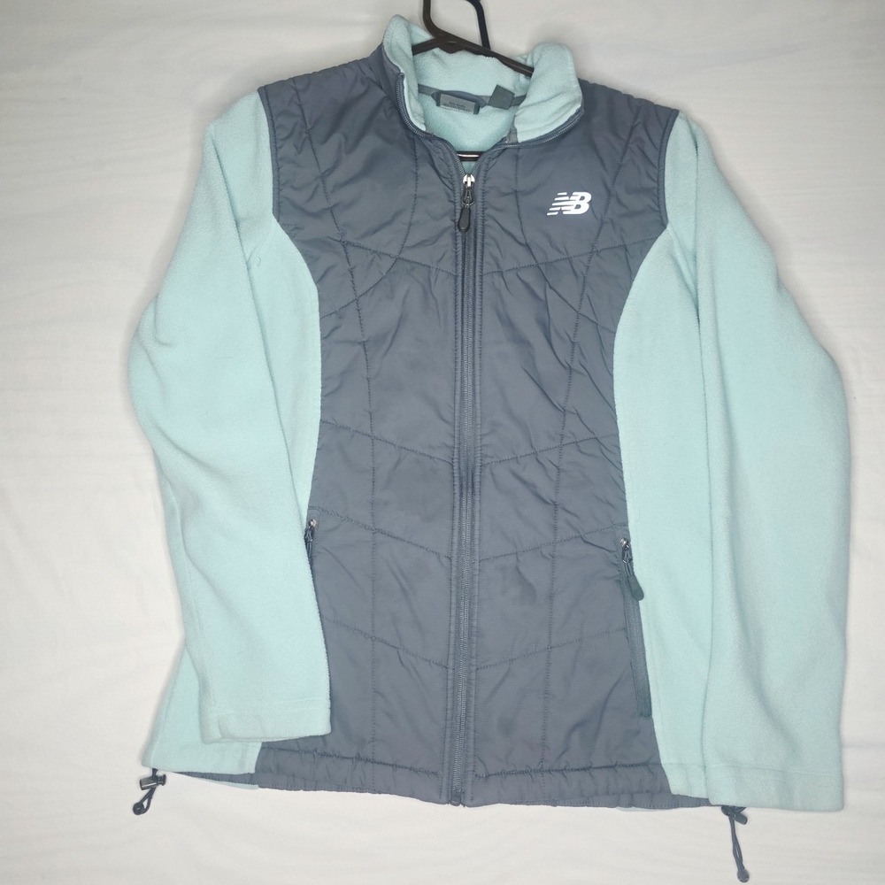 New Balance Quilted‎ Jacket Womens MED Collared Full Zip Logo Pockets Blue